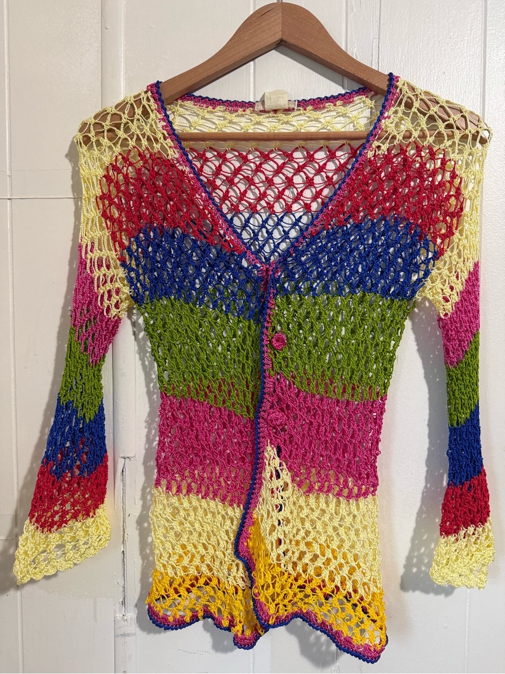 Openwork Colorblock Crochet Cardigan - Pink, Blue, Green, Yellow